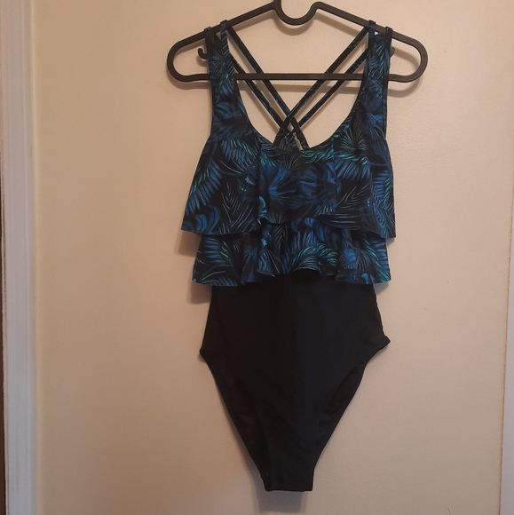 NWT Ocean Blues Blue Palm Leaves Print One Piece Swimsuit - Picture 3 of 14